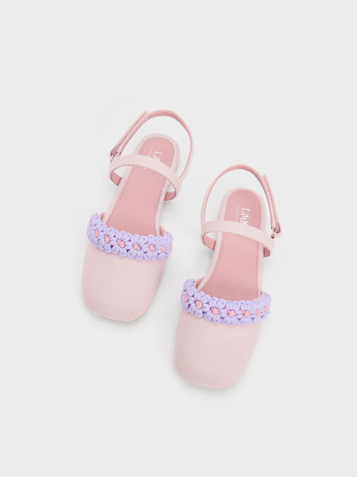 Girls' Floral Crochet Denim Slingback Flats, Pink, hi-res