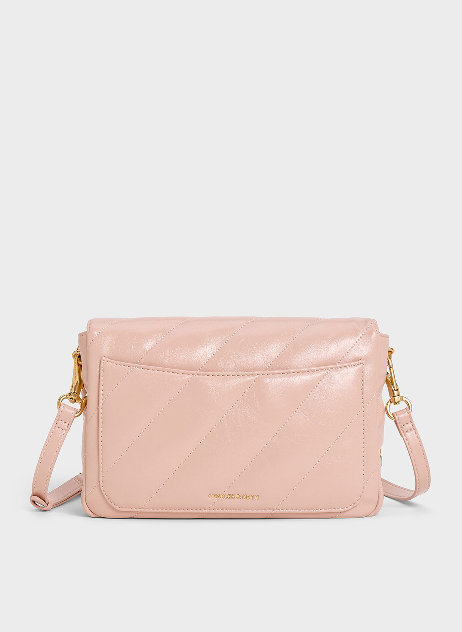 Fawn Panelled Front Flap Chain-Handle Bag, Rosa pálido, hi-res