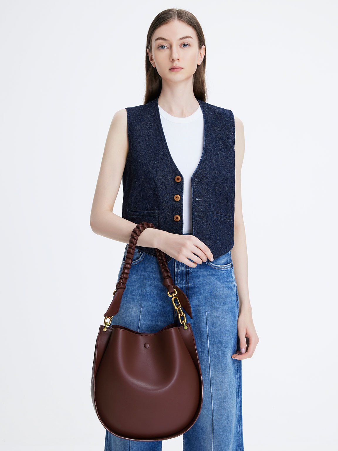 Cleona Braided Handle Shoulder Bag, Dark Chocolate, hi-res