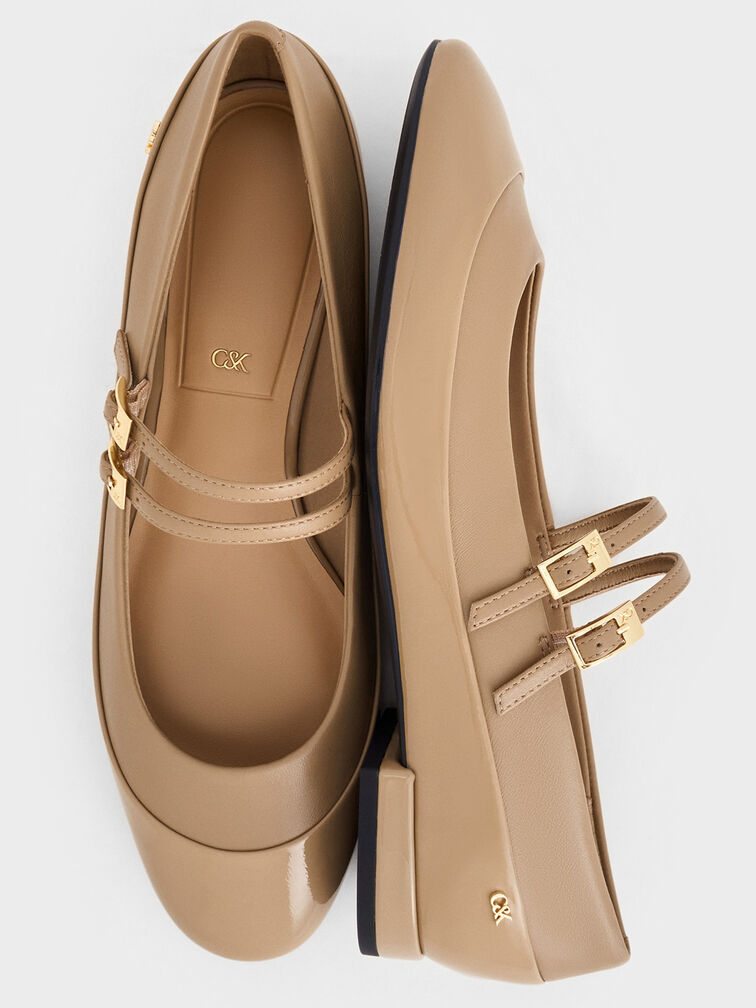 Leather & Patent Double-Strap Mary Jane Flats, Taupe, hi-res