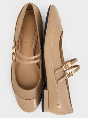 Leather & Patent Double-Strap Mary Jane Flats, Taupe, hi-res