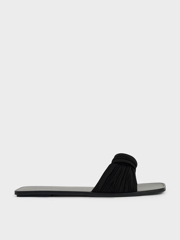 Pleated Fabric Knotted Slide Sandals, Black, hi-res