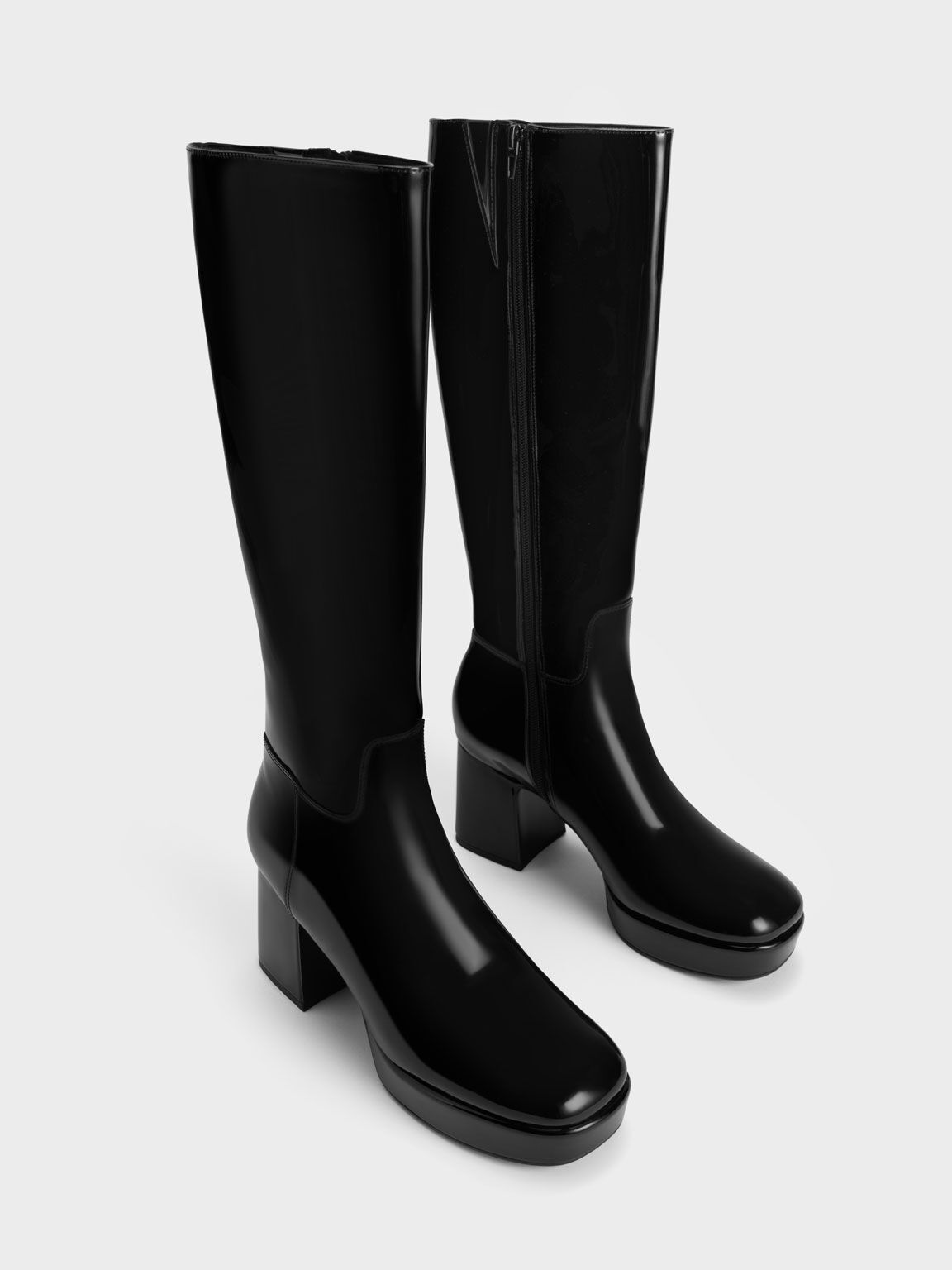 Patent Platform Knee-High Boots, Black, hi-res