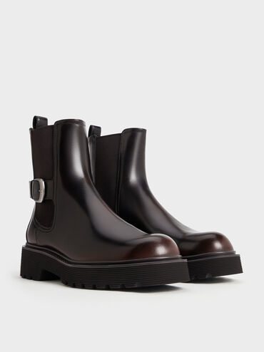 Botas Chelsea de suela estriada con hebilla lateral, Marrón oscuro, hi-res