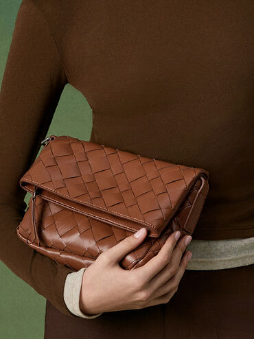 Ivette Woven Front Flap Crossbody Bag, Chocolate, hi-res