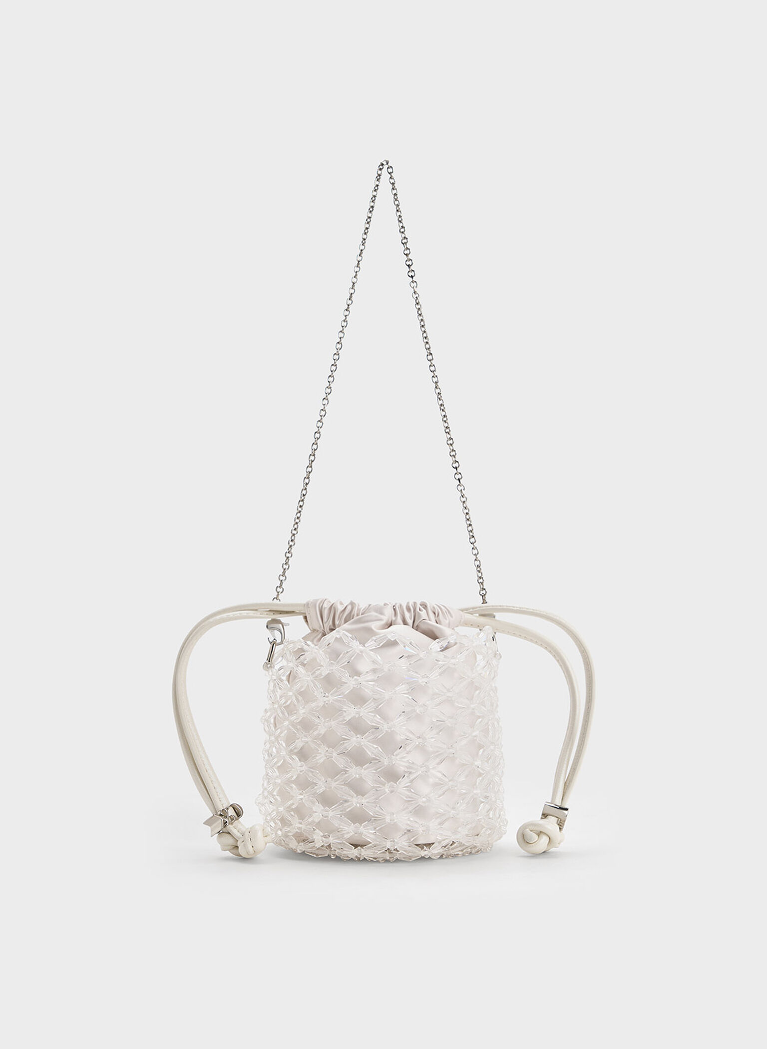 Beaded Chain-Handle Bucket Bag, White, hi-res