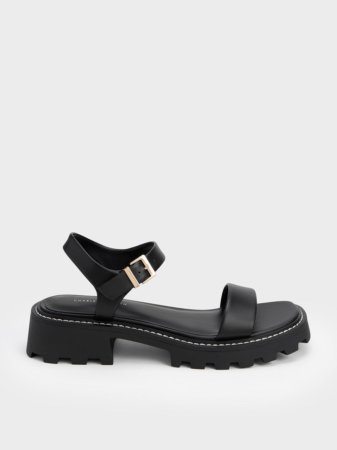 Stitch-Trim Buckled Sandals, Black, hi-res