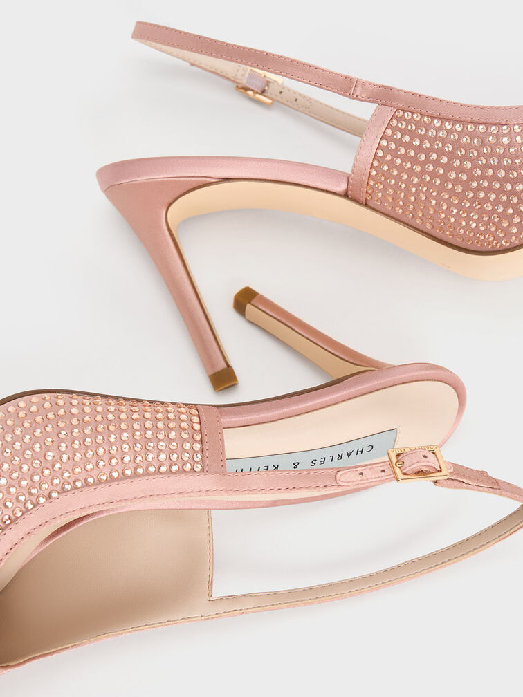 Satin Crystal-Embellished Slingback Pumps, Nude, hi-res