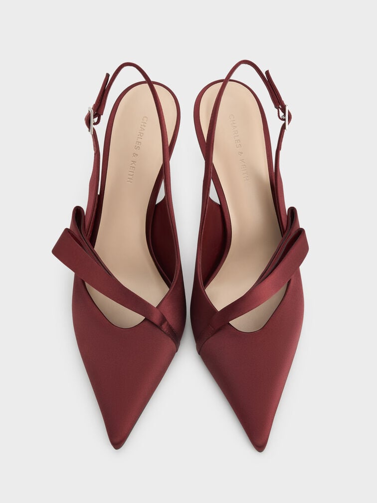 Satin Pleated-Strap Slingback Pumps, Red, hi-res