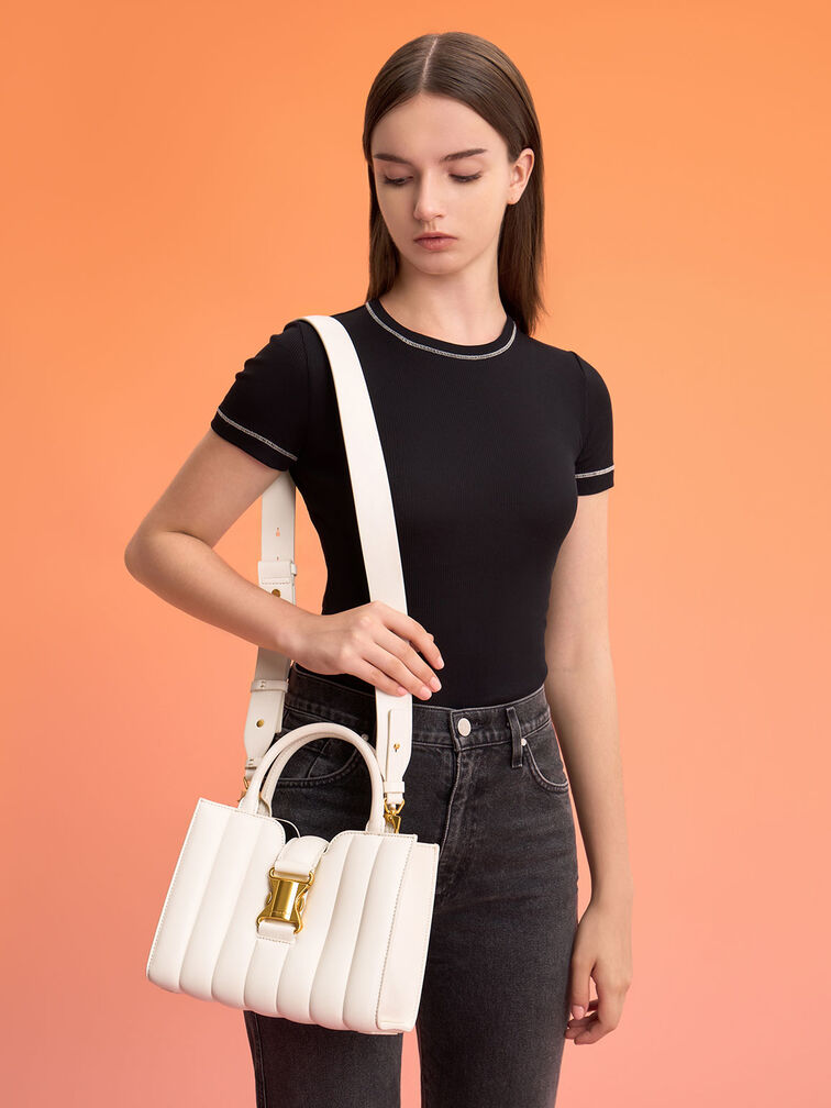 Ivy Panelled Metallic Buckle Tote, Cream, hi-res