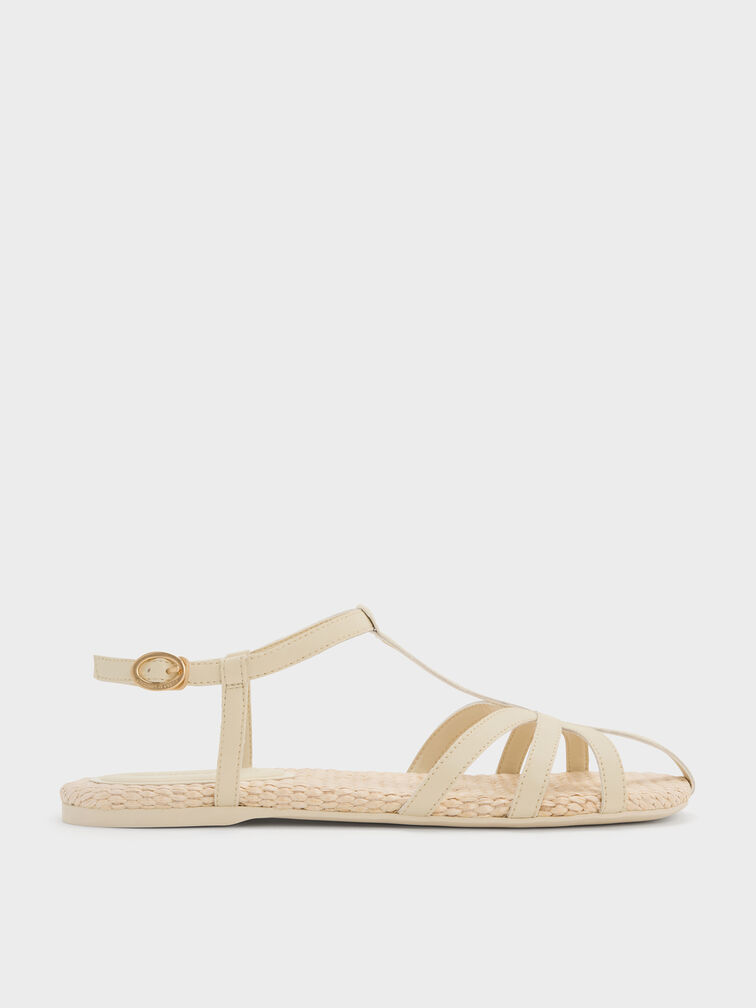 Strappy Raffia T-Bar Ankle-Strap Sandals, Cream, hi-res