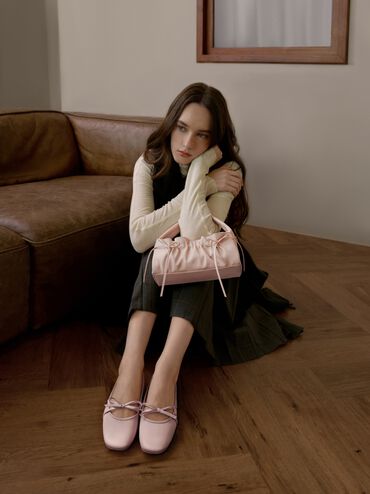 Ballerines &agrave; n&oelig;ud en satin, Rose, hi-res
