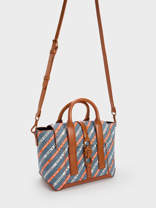 Dua Striped Denim Buckled Trapeze Tote, Multi, hi-res