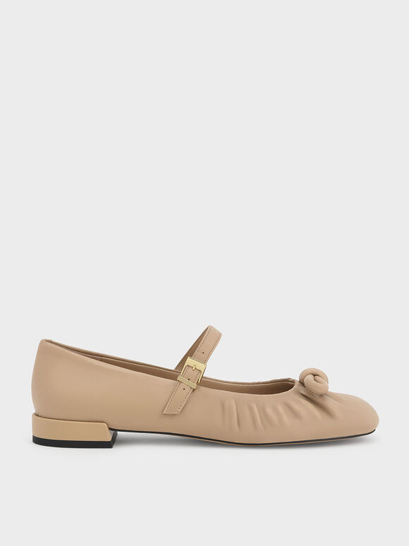 Leather Knotted Ruched Mary Jane Flats, Nude, hi-res