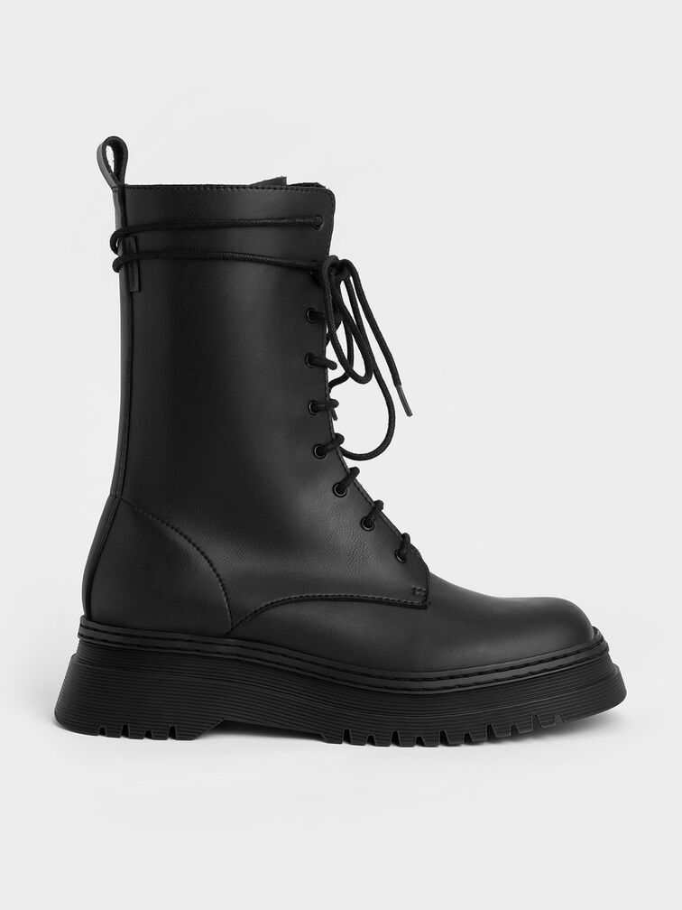 Chunky Platform Lace-Up Boots, Black, hi-res