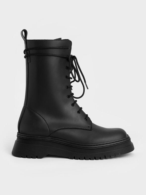 Chunky Platform Lace-Up Boots, Black, hi-res