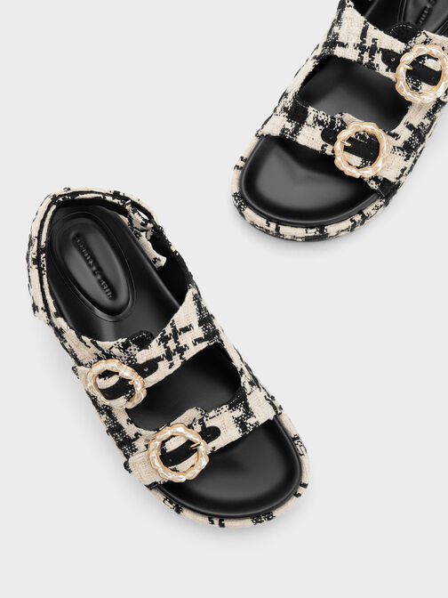 Tweed Pearl-Buckle Double Strap Sandals, Black Textured, hi-res