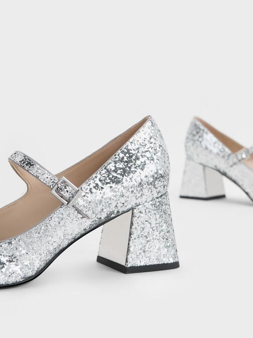 Patent Glittered Trapeze-Heel Mary Janes, Silver, hi-res