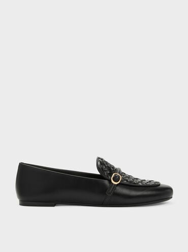 Woven Buckle-Strap Loafers, Black, hi-res