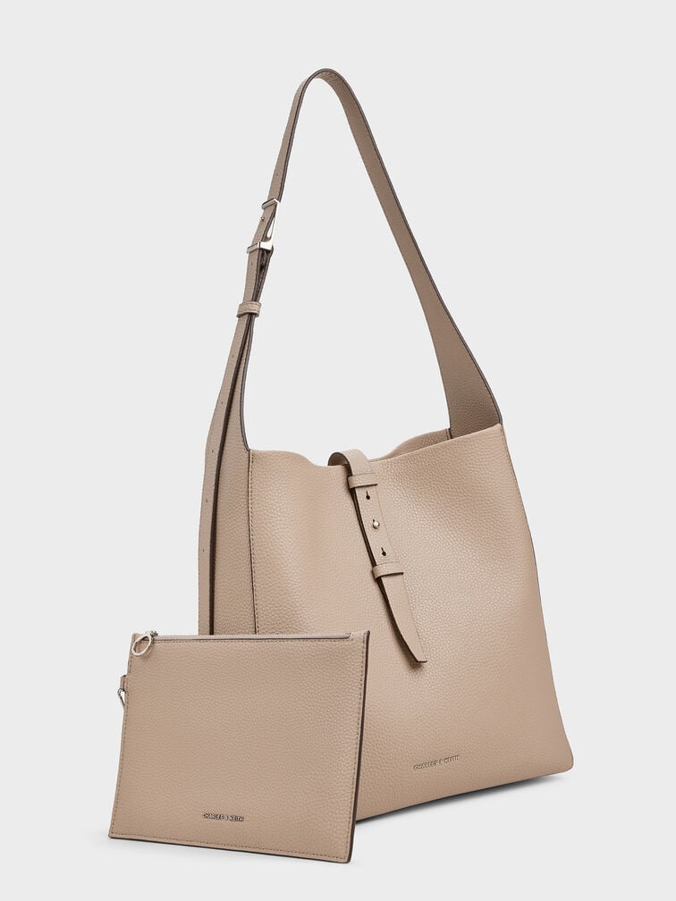 Beryl Recycled Leather Belted Hobo Bag, Taupe, hi-res