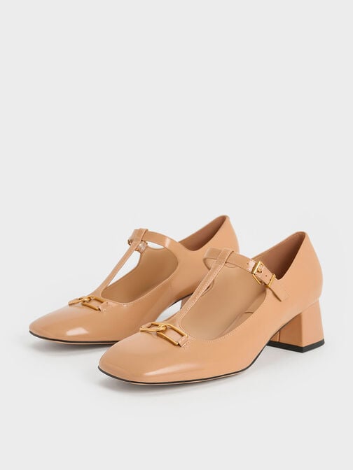 Gabine Leather T-Bar Mary Jane Pumps, Nude, hi-res