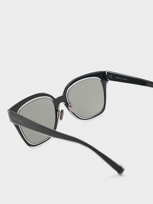 Oversized Square Metallic Accent Sunglasses, Black, hi-res