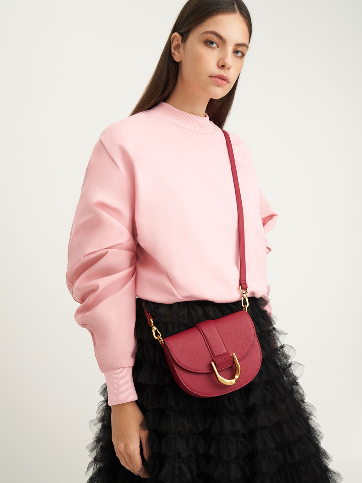 Mini Gabine Leather Saddle Bag, Red, hi-res