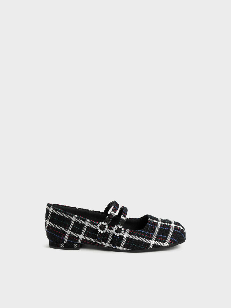 Girls' Gem-Embellished Checkered Mary Janes, Black, hi-res