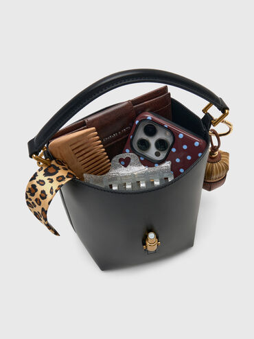 Cesia Metallic-Accent Bucket Bag, Black, hi-res