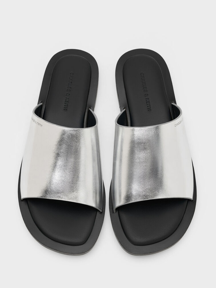 Metallic Wide-Strap Slide Sandals, Silver, hi-res