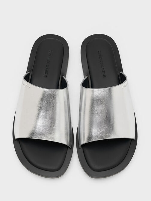 Metallic Wide-Strap Slide Sandals, Silver, hi-res