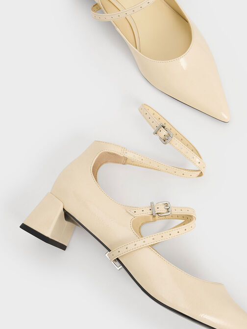 Crinkle-Effect Strappy Buckled Pumps, Beige, hi-res