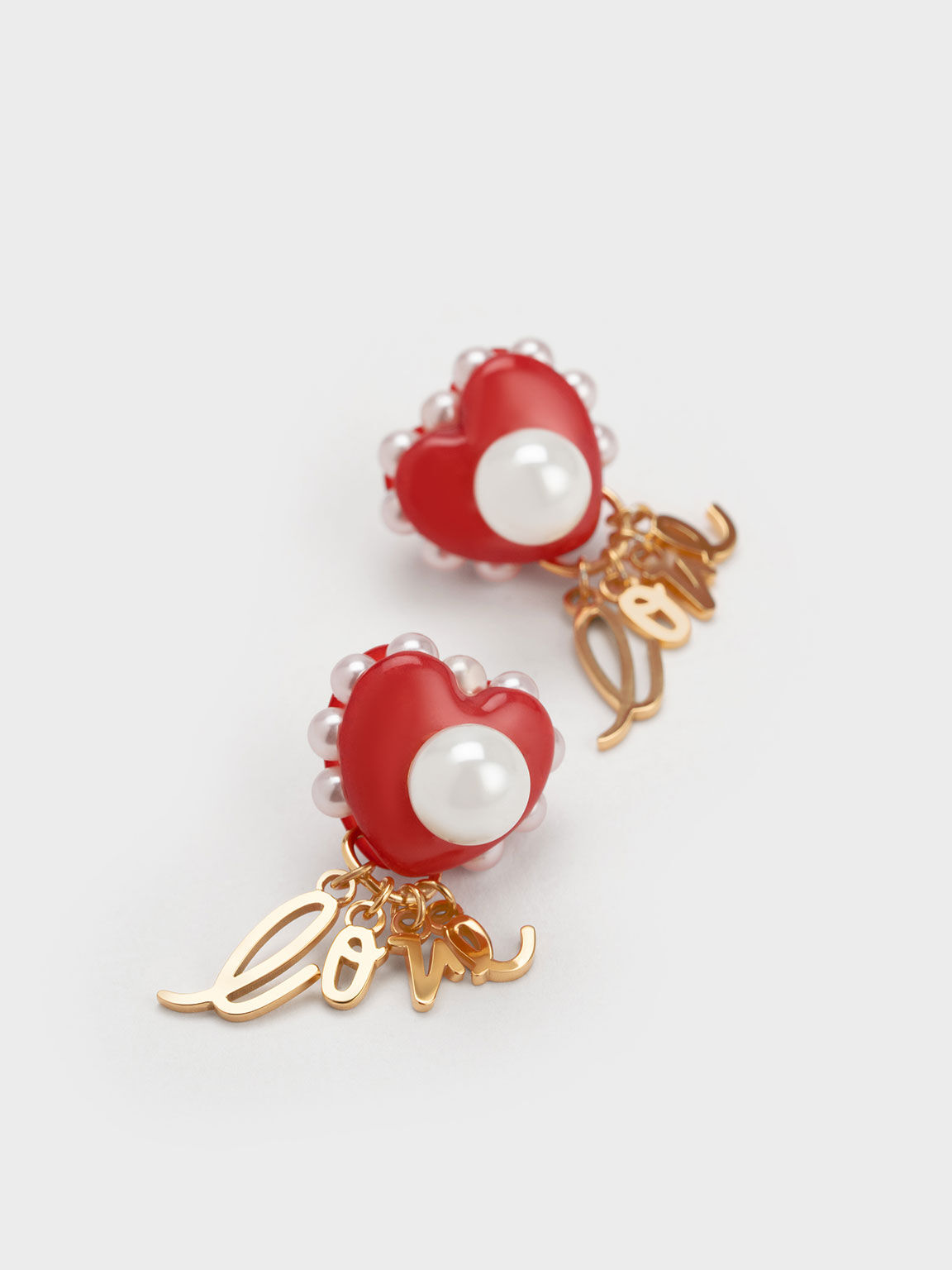 "Love" Heart Drop Earrings, Red, hi-res