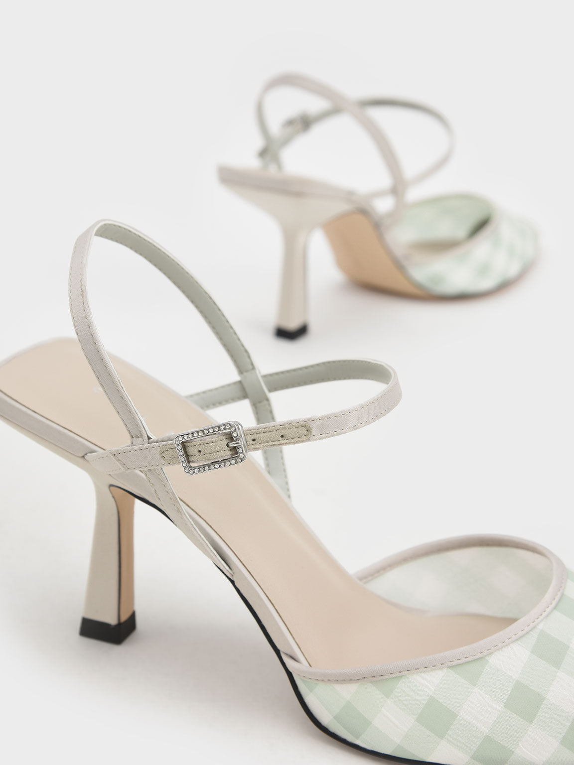 Satin & Check-Print Fabric Ankle-Strap Pumps, Light Green, hi-res