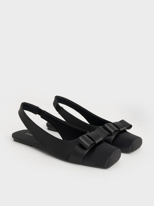Satin Bow Slingback Ballet Flats, Black Textured, hi-res