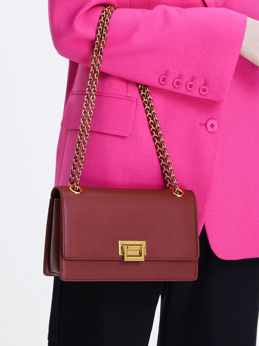 Metallic Accent Front Flap Bag, Burgundy, hi-res