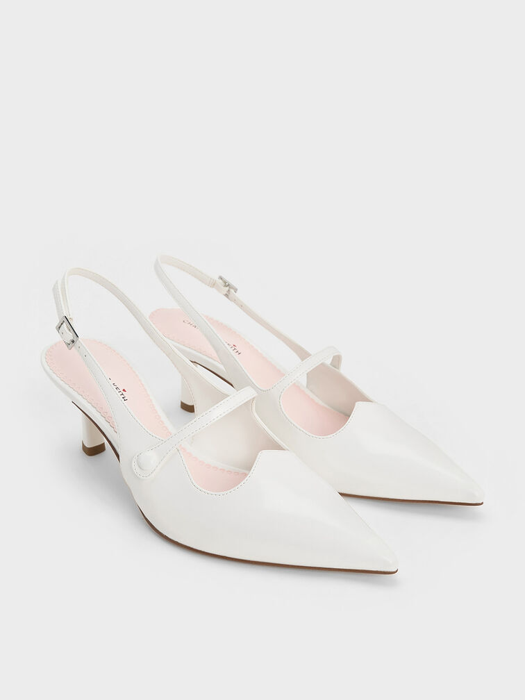 Pointed-Toe Mary Jane Slingback Pumps, White, hi-res