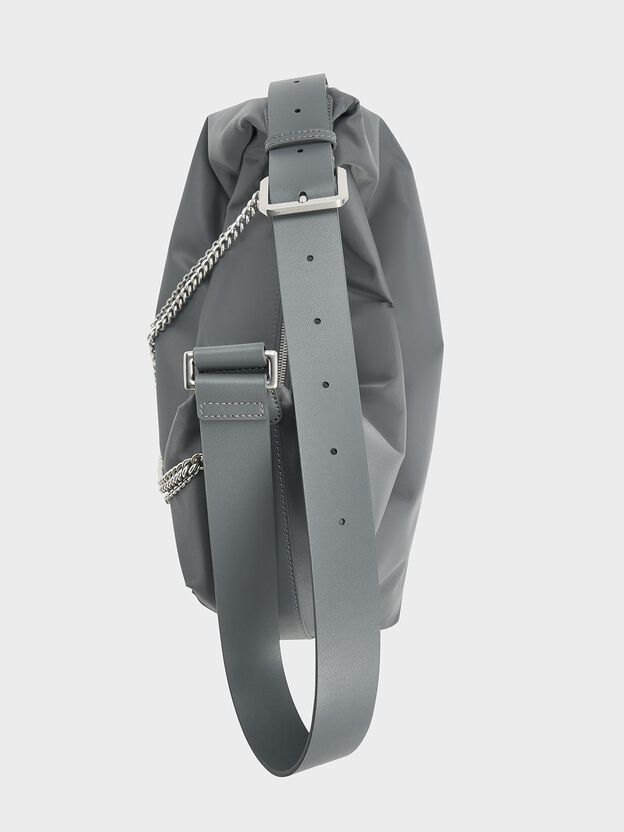Nylon Chain-Link Slouchy Shoulder Bag, Grey, hi-res