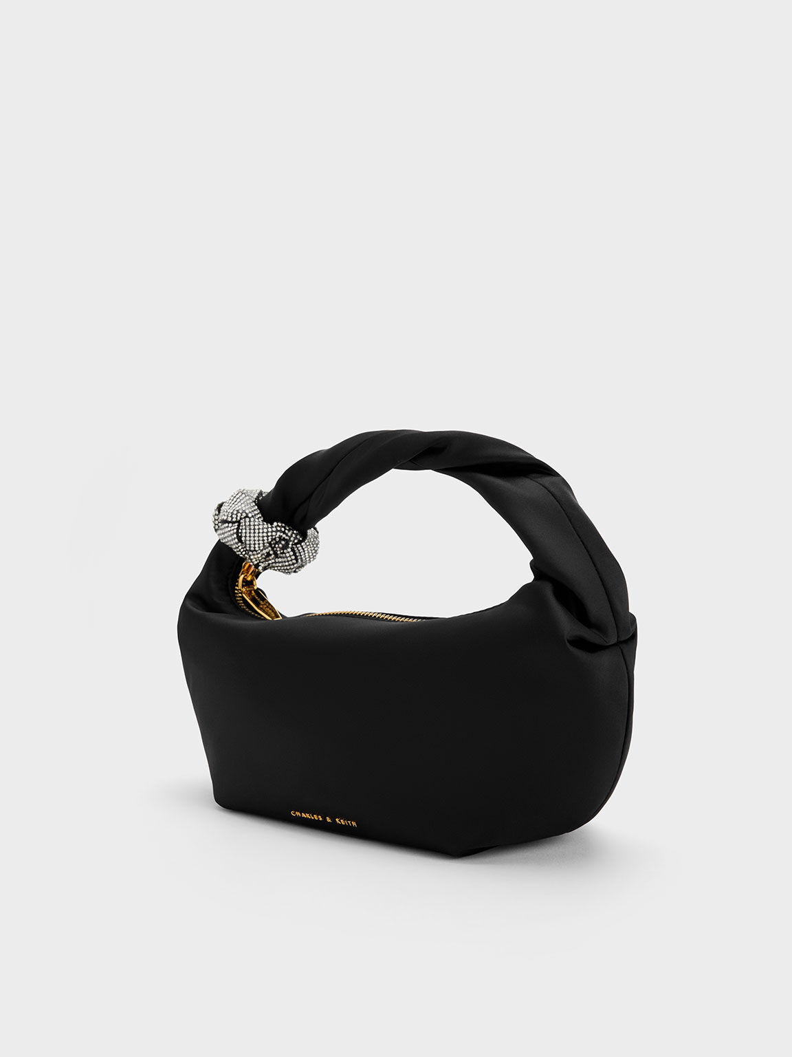Embellished Satin Shoulder Bag, Black, hi-res