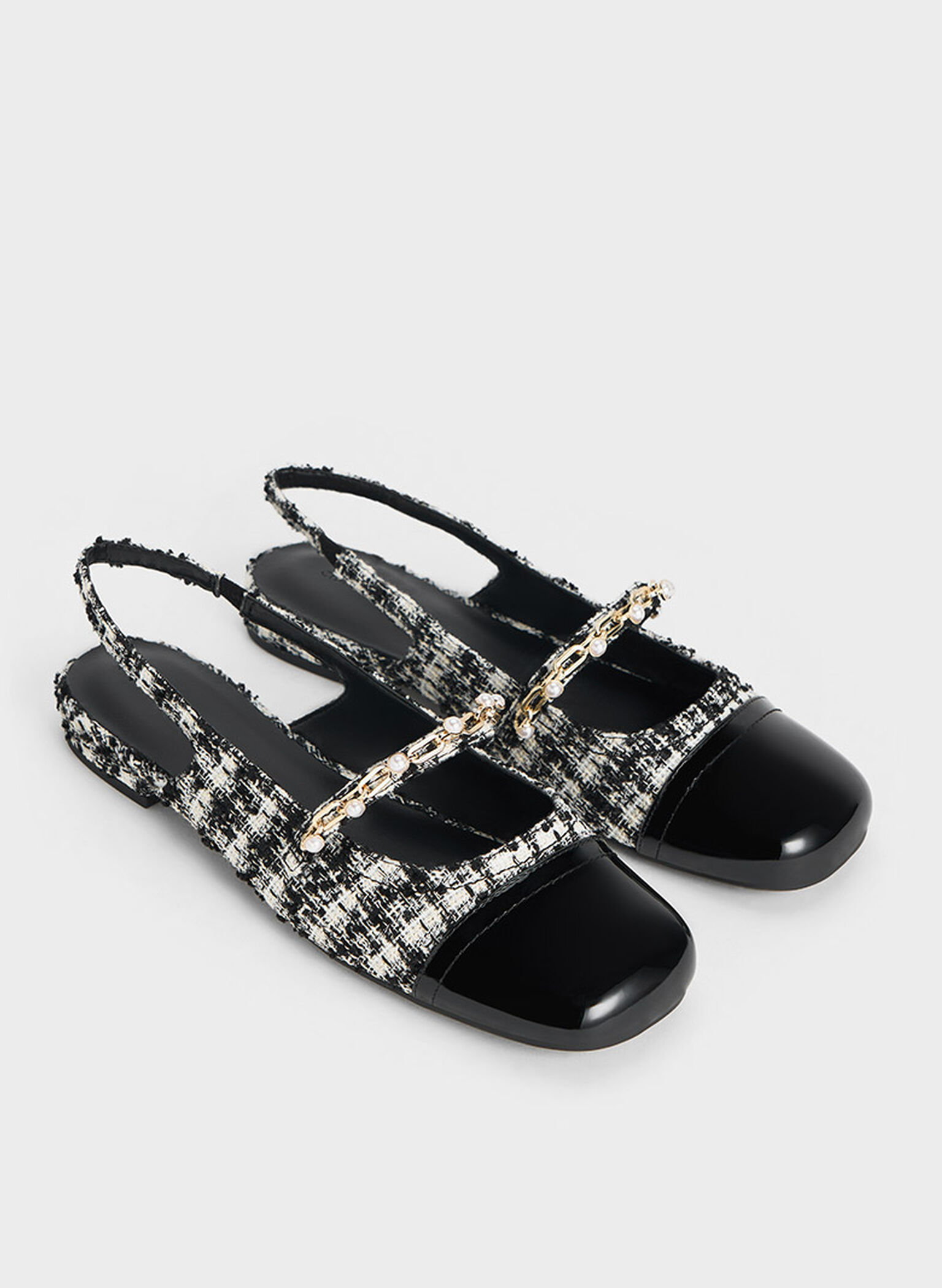 Rio Tweed Beaded Chain-Link Slingback Flats, Black Textured, hi-res
