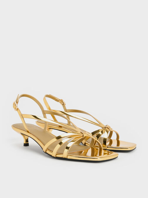 Sandalias metalizadas con tiras y tacón kitten, Dorado, hi-res