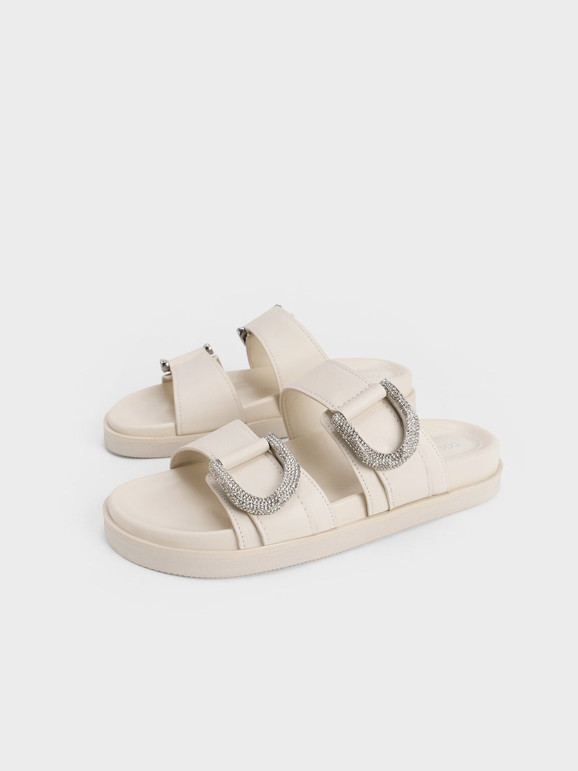 Gem-Embellished Gabine Slides, White, hi-res