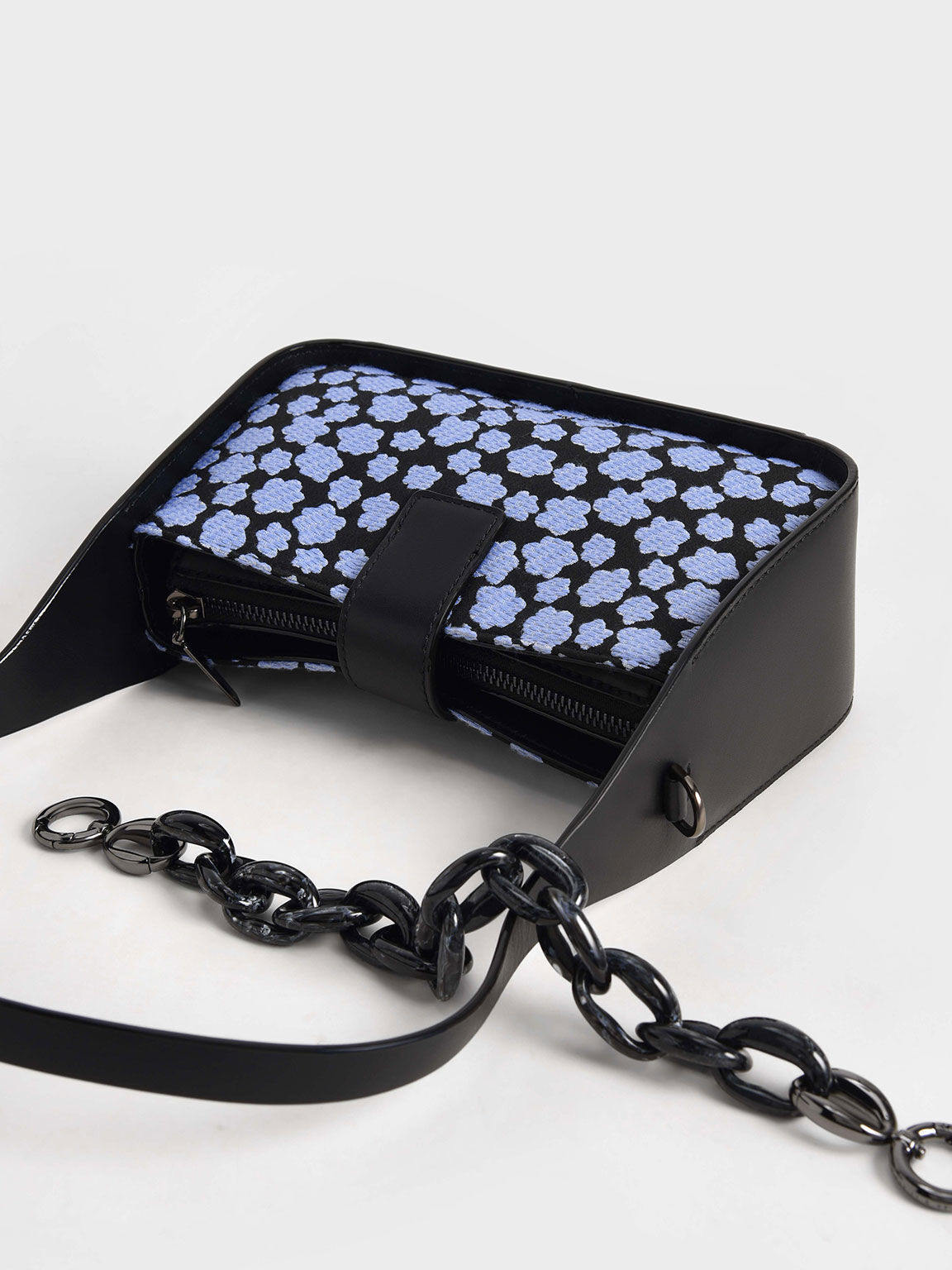 Jacquard & Leather Printed Chain-Link Bag, Blue, hi-res