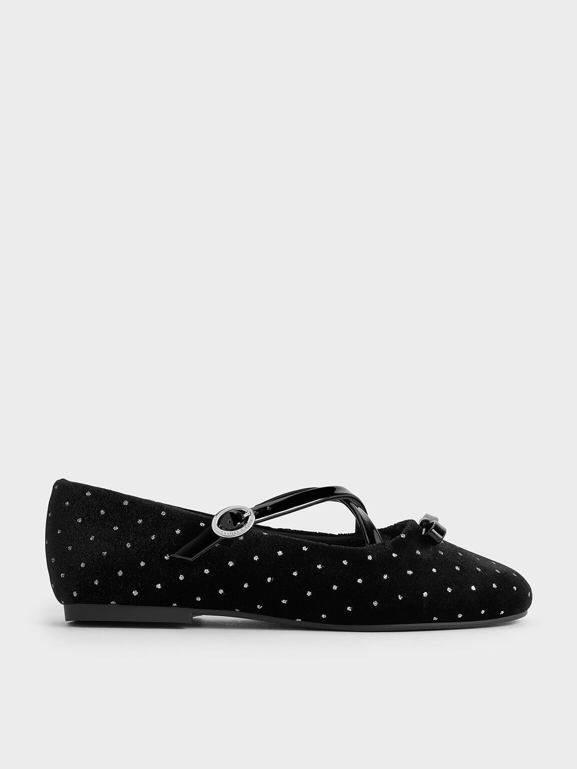 Charles Keith Girls Velvet Dotted Bow Mary Janes Black Textured US 13