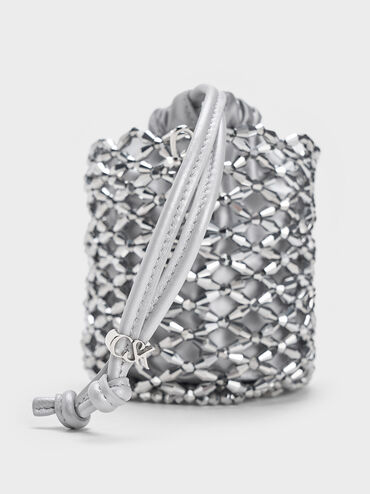 Beaded Chain-Handle Bucket Bag, Silver, hi-res