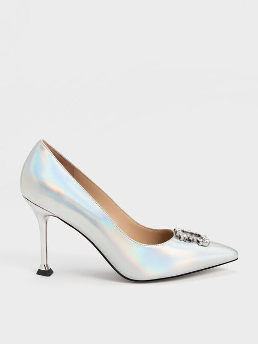 Zapatos de tacón de piel holográfica adornados con gemas, Multicolor, hi-res