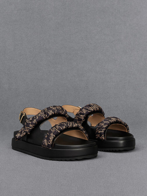 Sandalias de cuero con correa efecto arrugado, Negro, hi-res