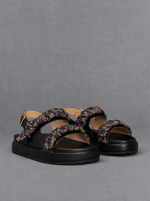 Leather Ruched-Strap Sandals, Black, hi-res