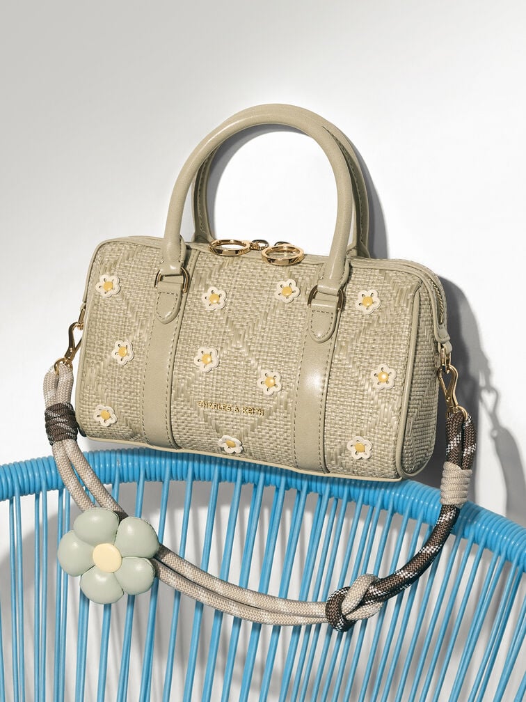 Sac bowling Philomena en raphia &agrave; fleurs, Pale Olive, hi-res