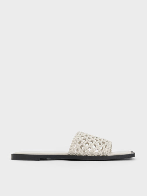 Woven Square-Toe Slides, White, hi-res